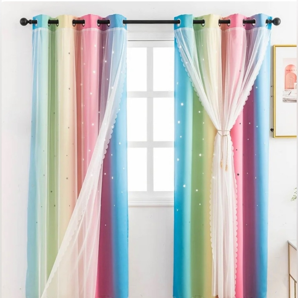 Rainbow Curtains With Colorful Star Cut-Out And Room Darkening